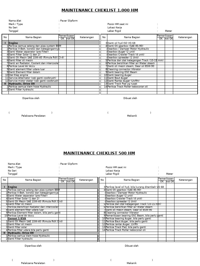 Checklist Pemeliharaan Paver Slipform | PDF