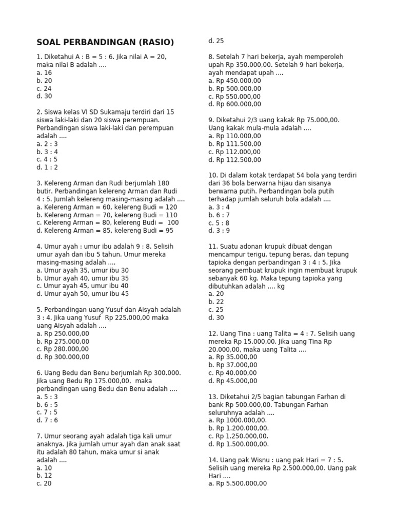 Soal Perbandingan dan Rasio Matematika | PDF