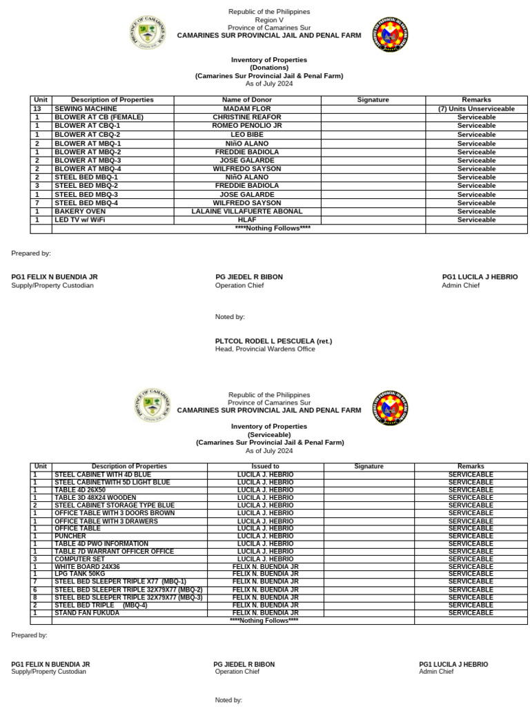 Camarines Sur Jail Property Inventory 2024 | PDF