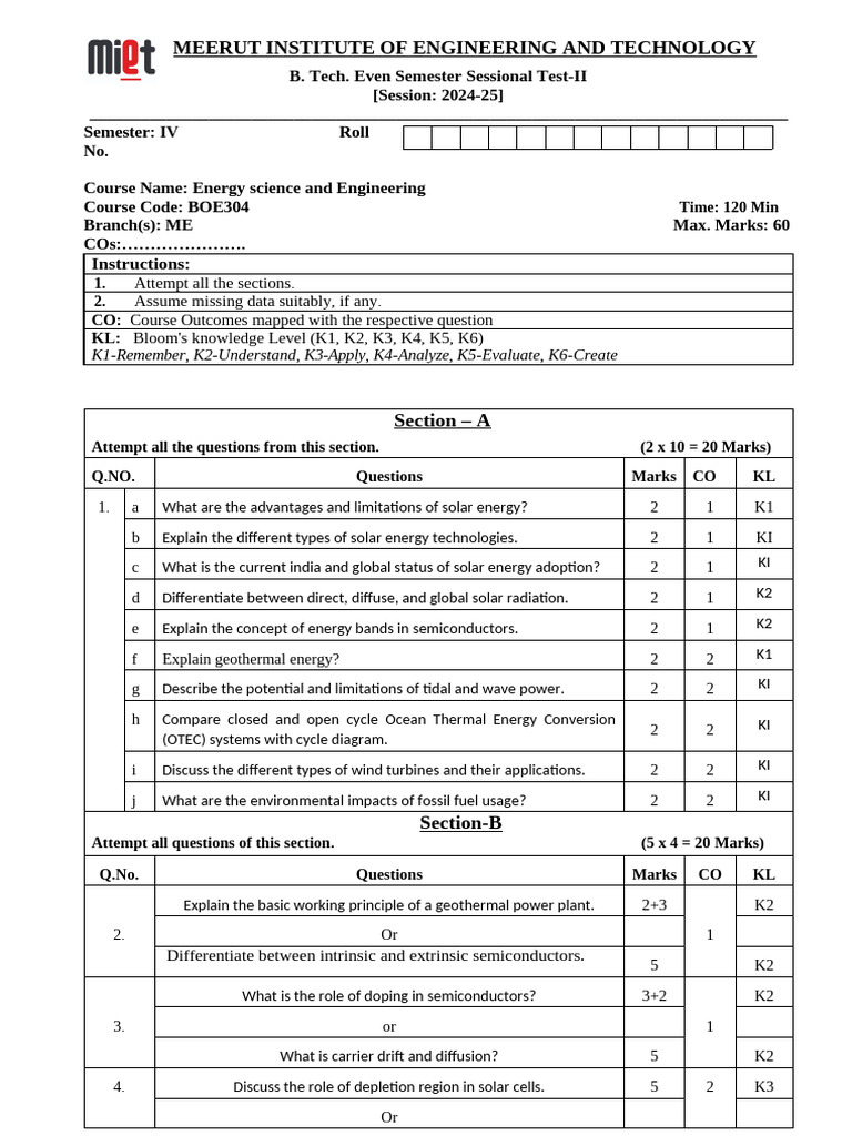 Energy science and engineering , SESSIONAL 2 QP (1) | PDF | Solar Cell ...