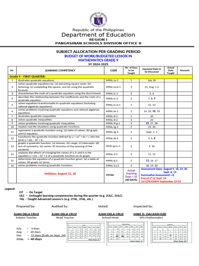 BOW - Budgeted Lesson - G9 Math - SY 2024 2025 - 1st QTR | PDF ...