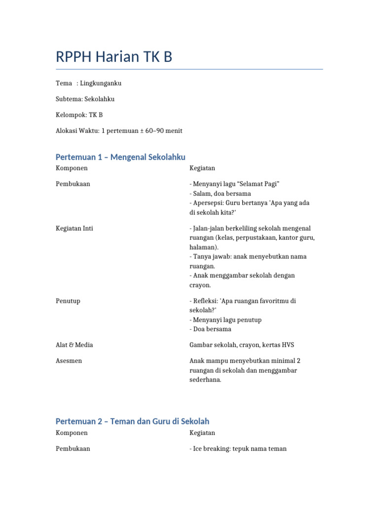 RPPH TK B Sekolahku | PDF