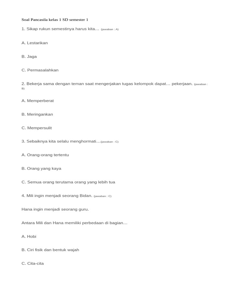 Soal Pancasila Kelas 1 SD Semester 1 (Hanum) | PDF