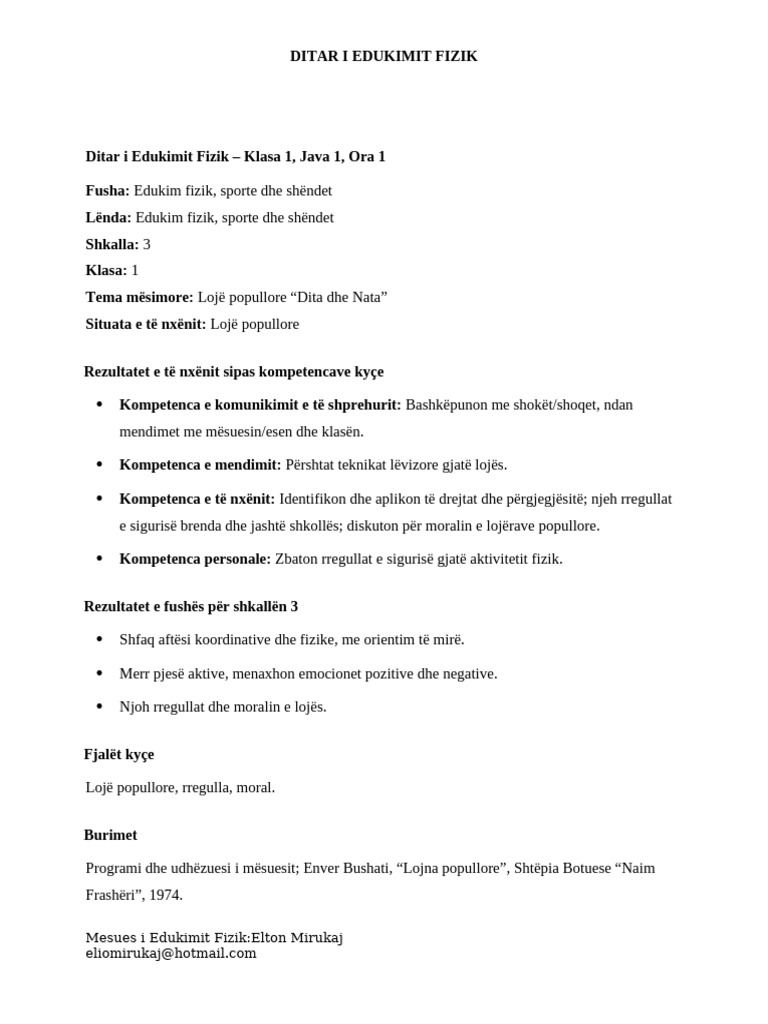Ditar I Edukimit Fizik - Klasa 1, Java 1, Ora 1 | PDF