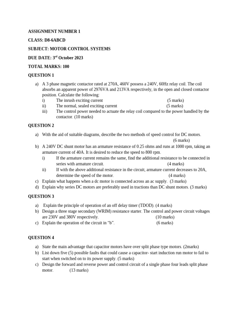 Motor Control Systems Assignment Guide | PDF | Relay | Inductor