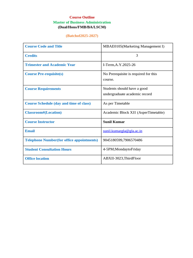 MBA Marketing Management I Course Outline | PDF | Marketing | Marketing ...