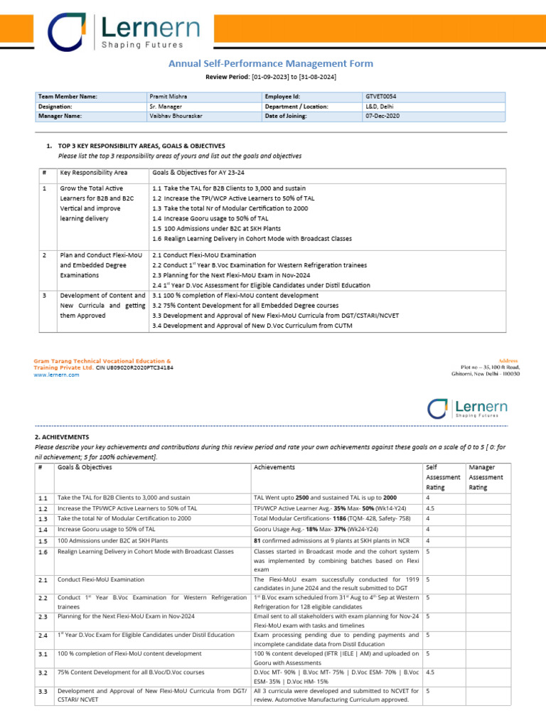 Annual Performance Review Goals 2023-24 | PDF | Leadership | Curriculum