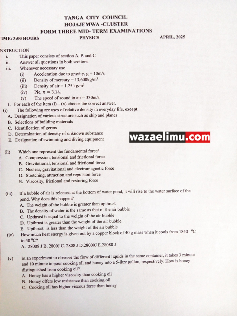Form Three Physics Mid-Term Exam 2025 | PDF | Force | Physical Phenomena