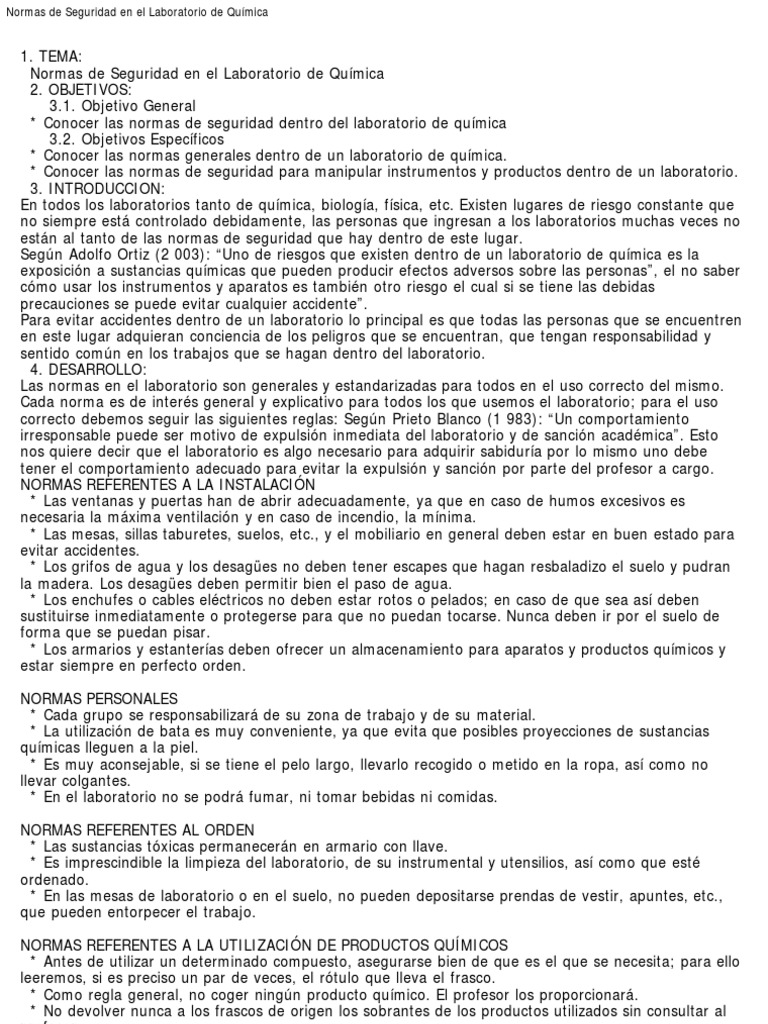 Normas de Seguridad en El Laboratorio de Química | PDF | Laboratorios ...