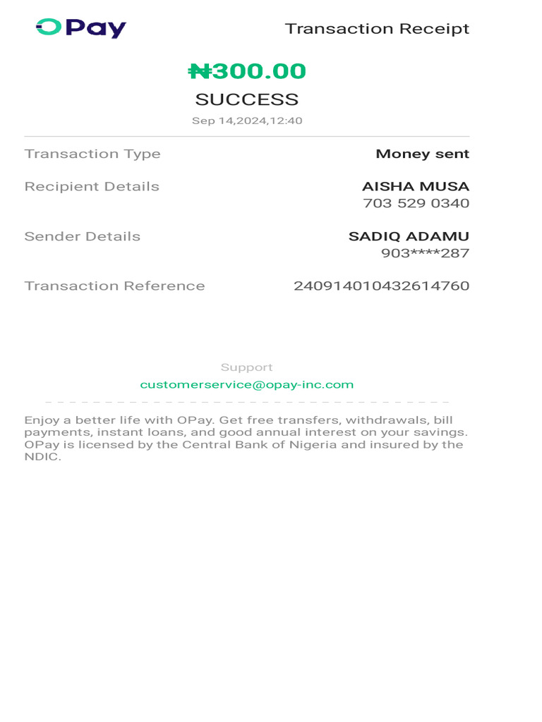 OPay Transaction Receipt - ₦300 Success | PDF
