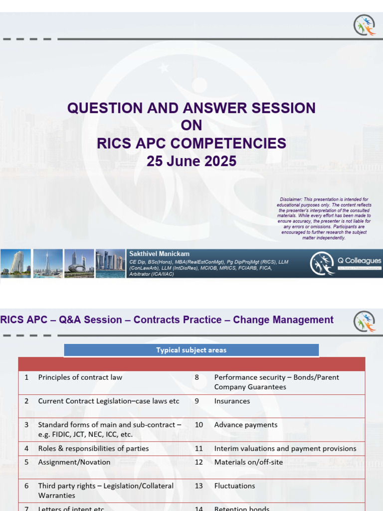 QColleagues - RICS APC Guidance Session | PDF | Risk | Arbitration