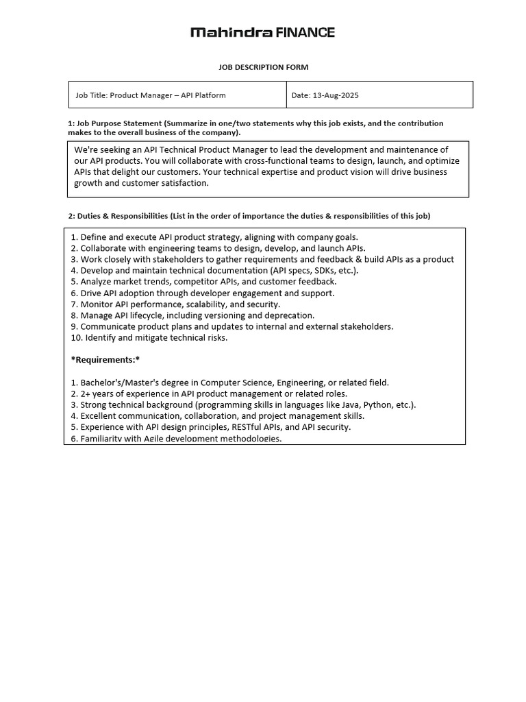 JD Product Manager - API Platform | PDF