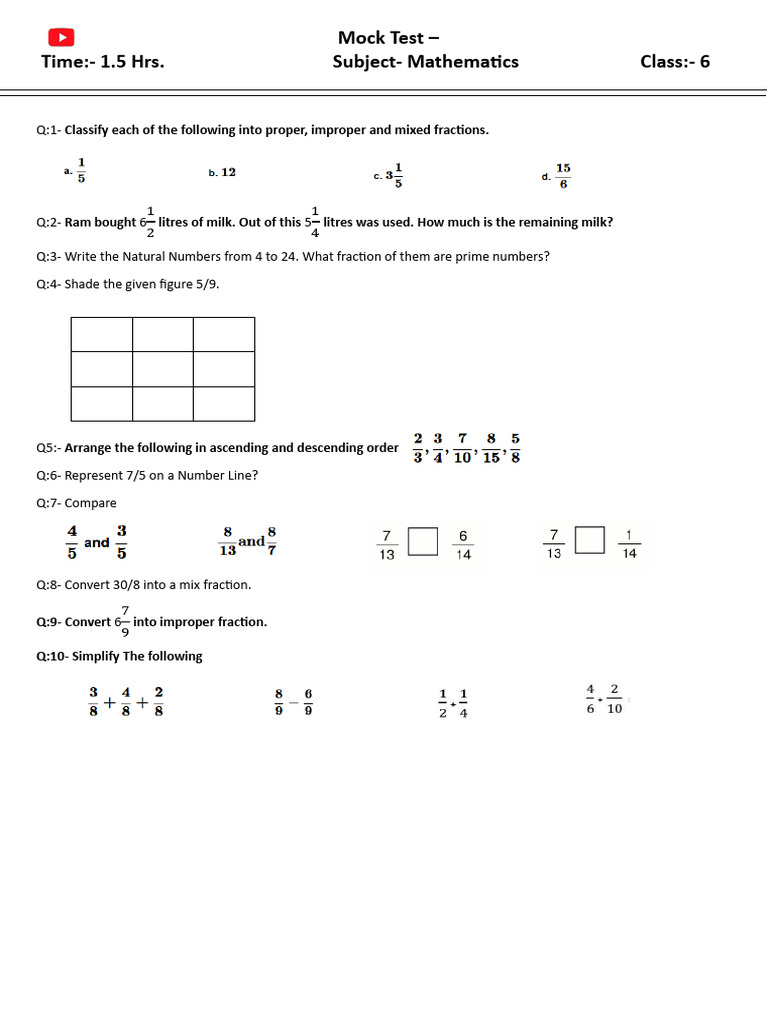 Class 6 Math Mock Test Questions | PDF
