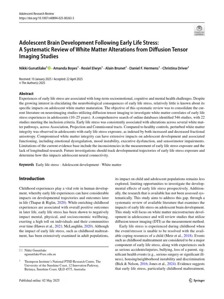 Adolescent Brain Changes from Early Life Stress | PDF | White Matter ...