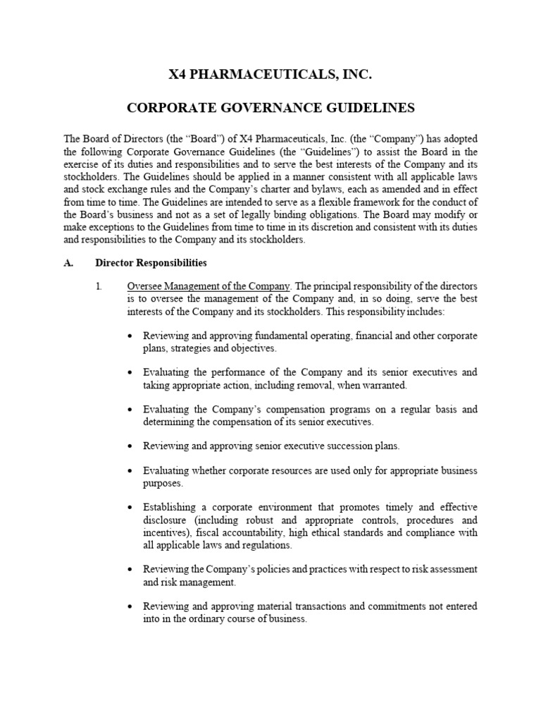 X4 Pharmaceuticals Corporate Governance Guidelines | PDF | Board Of ...