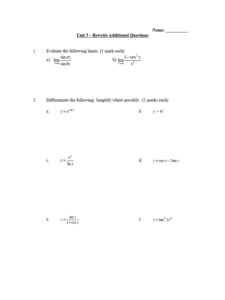Math 31 Unit 3 Rewrite Additional Questions | PDF | Tangent ...