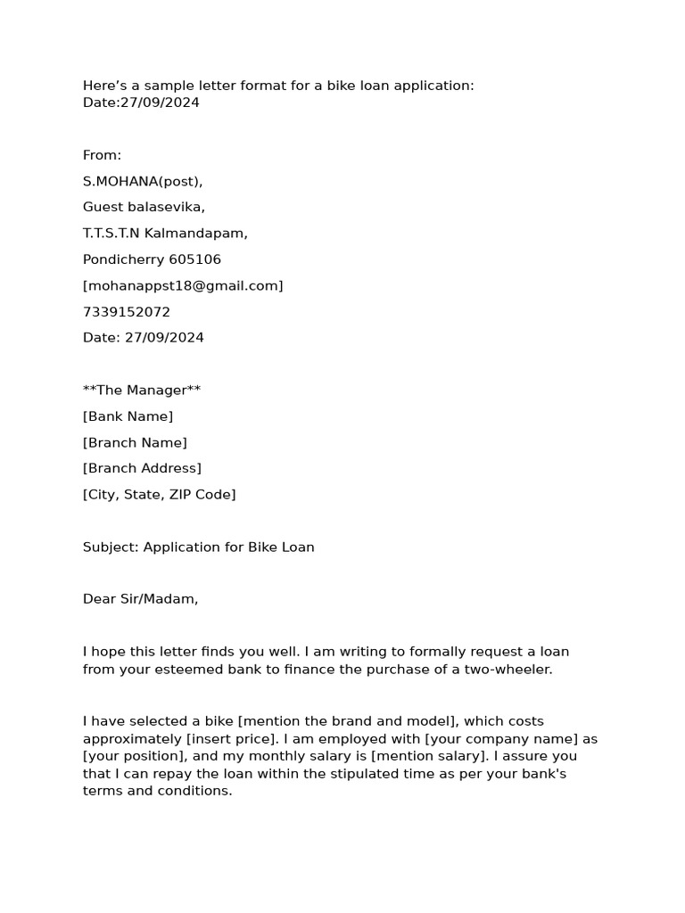 Bike Loan Application Letter Template | PDF