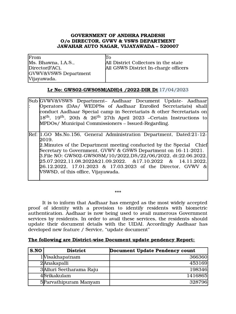 Aadhaar Document Update Camp Instructions | PDF | Government Of India ...