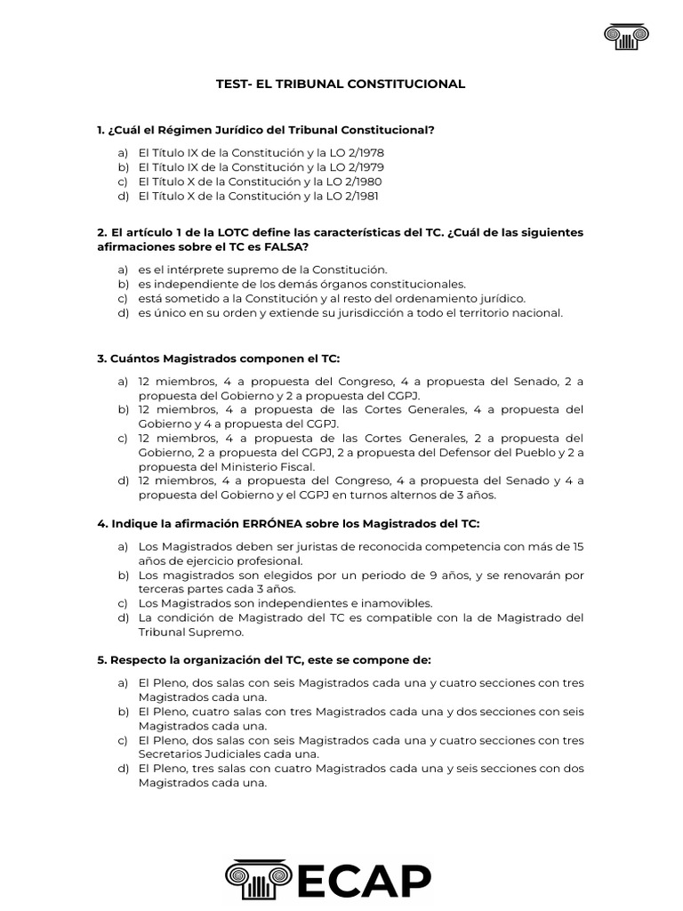 Test Tribunal Constitucional | PDF | Separación de poderes | Ley Pública