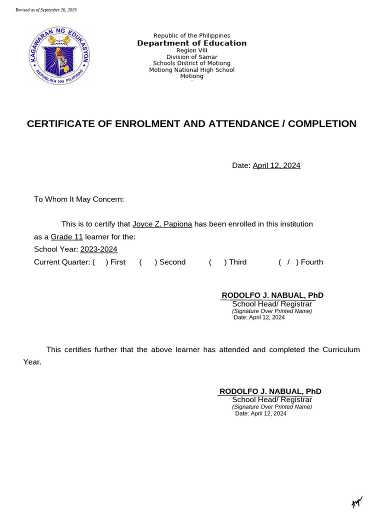 Certificate of Enrollment for Grade 11 | PDF