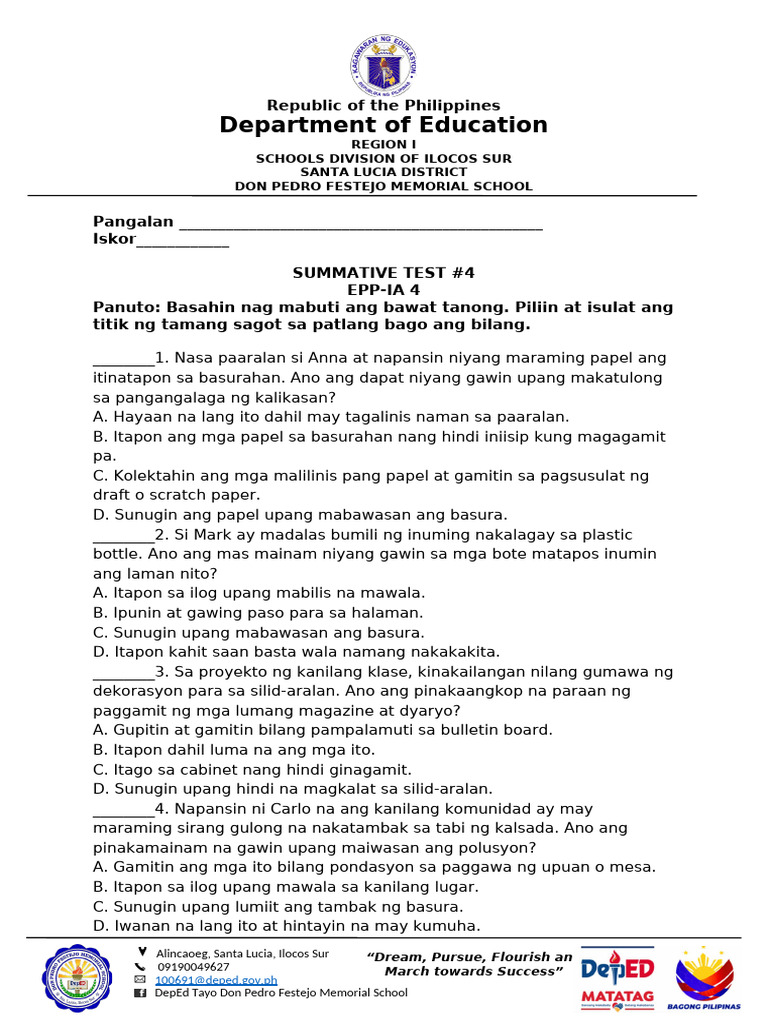 q4 Epp Ia 4 Summative Test #4 | PDF