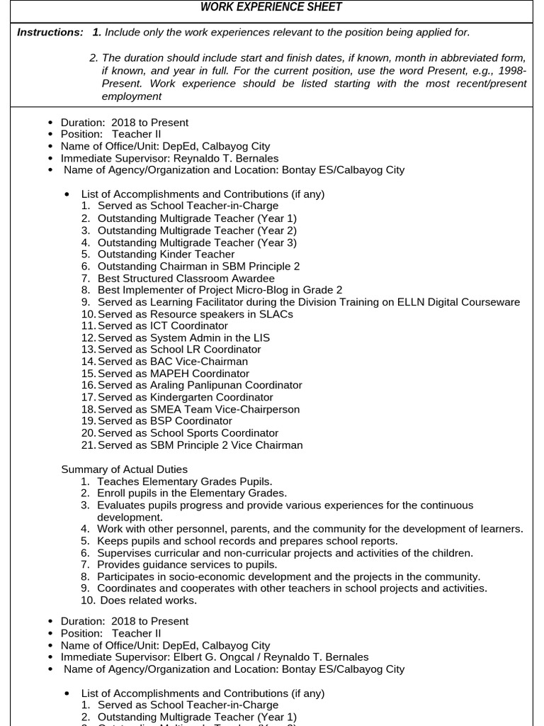 Teacher II Work Experience Summary | PDF | Teachers | Learning
