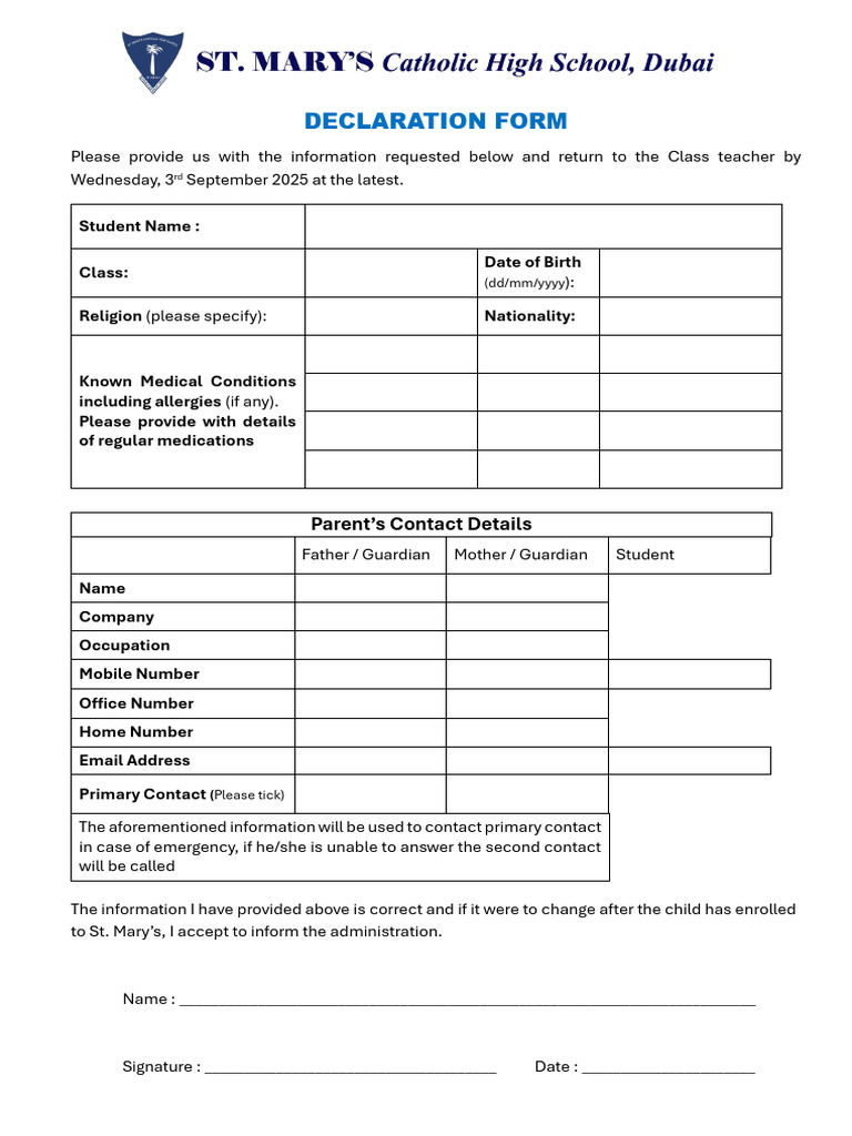 Student Declaration Form Template | PDF