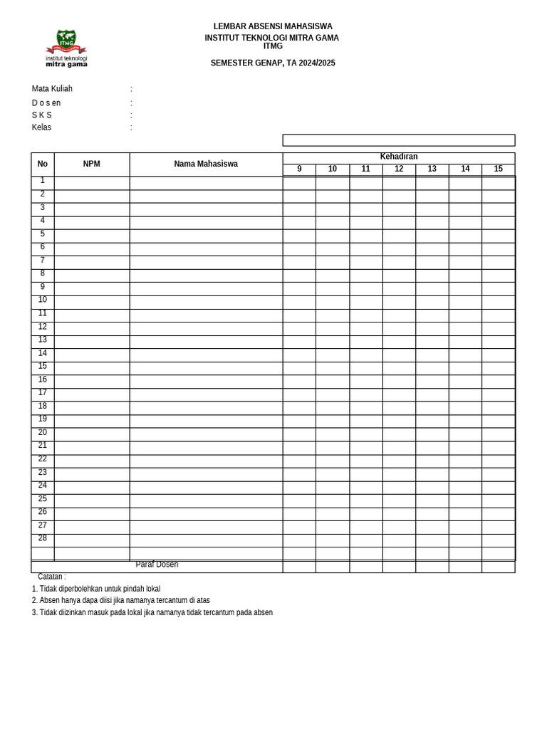 Lembar Absensi Mahasiswa ITMG 2024/2025 | PDF