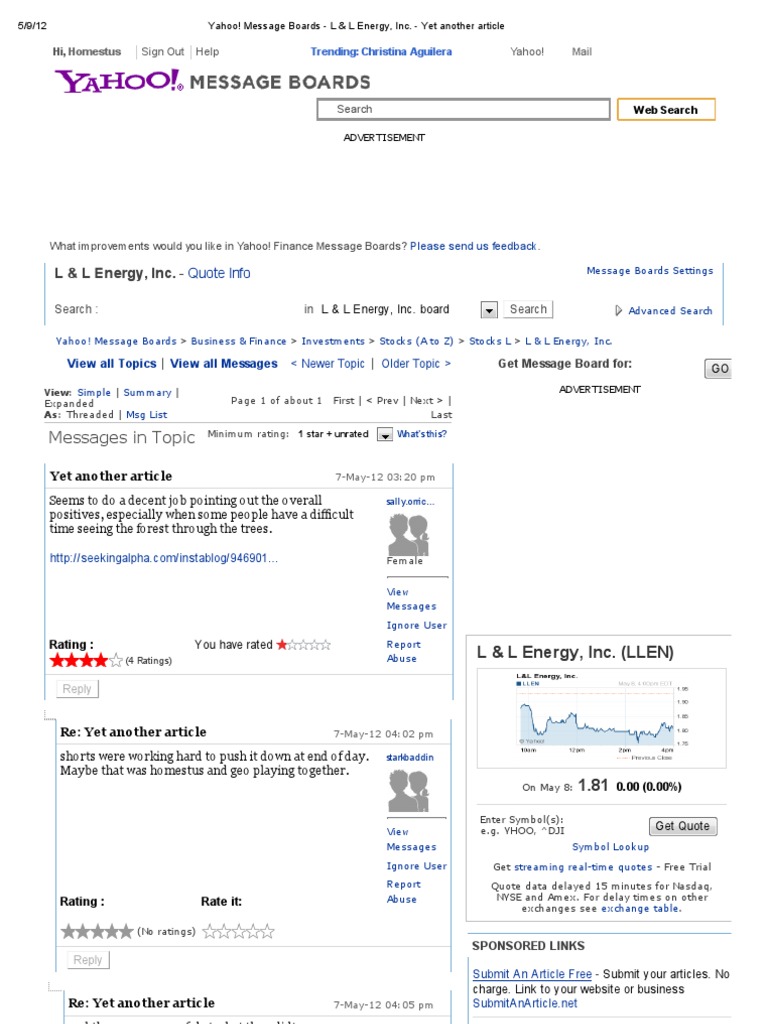 Yahoo! Message Boards L & L Energy, Inc 4.02 Data Processing  2.0
