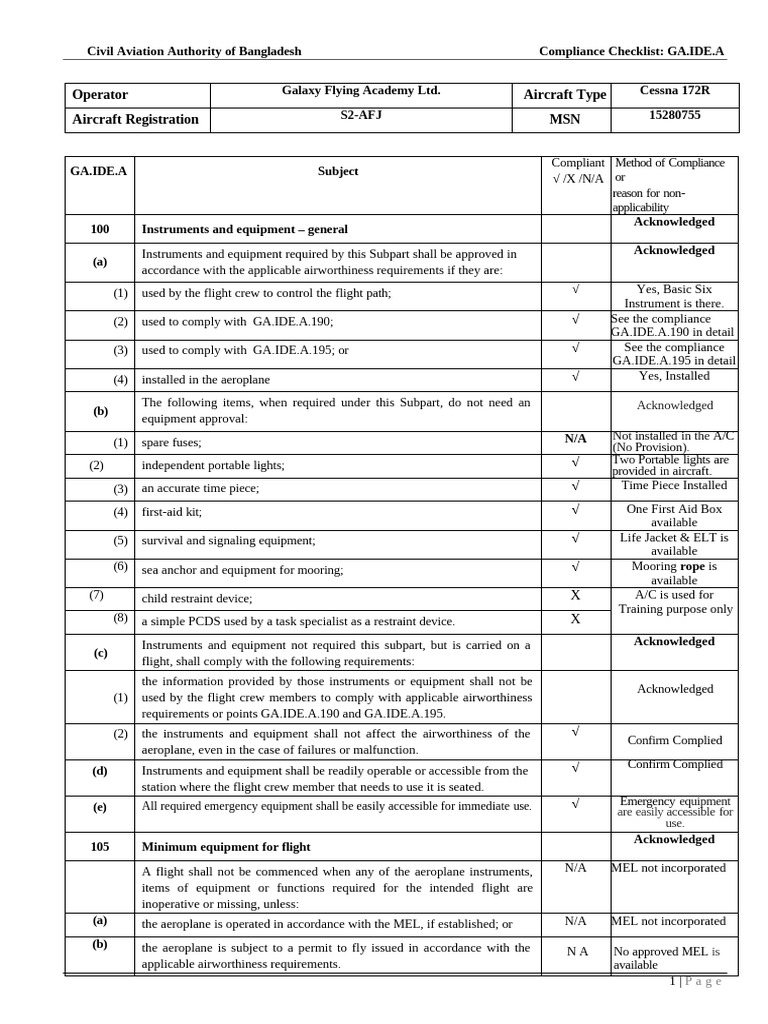 Bangladesh GA.IDE.A Compliance Checklist | PDF | Airspeed | Aviation