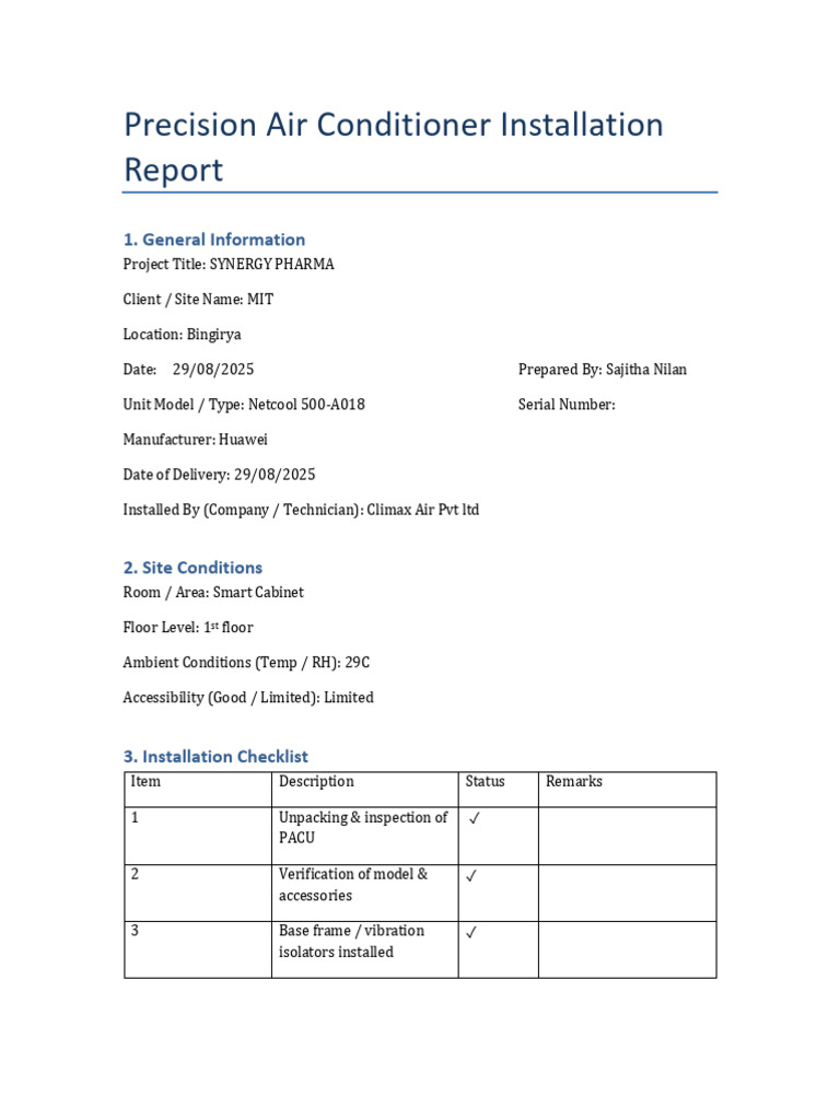 Precision Air Conditioner Installation Report | PDF | Electrical ...