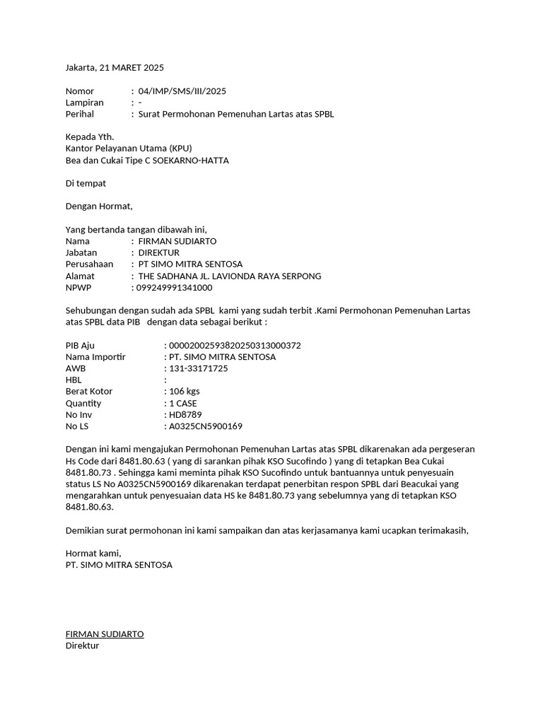 Permohonan Lartas atas SPBL 2025 | PDF
