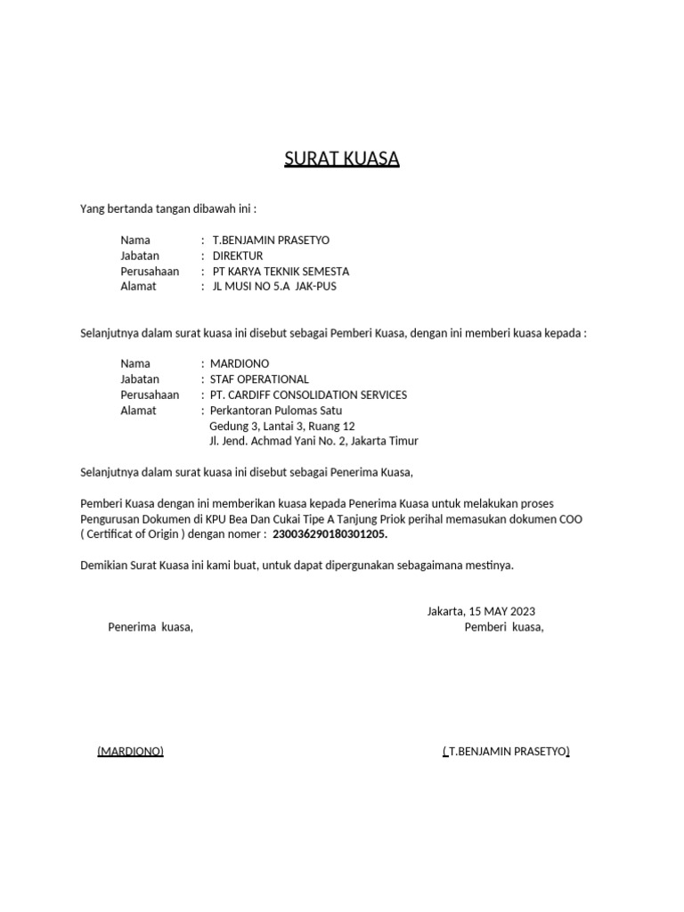 Surat Kuasa Pengurusan Dokumen COO | PDF