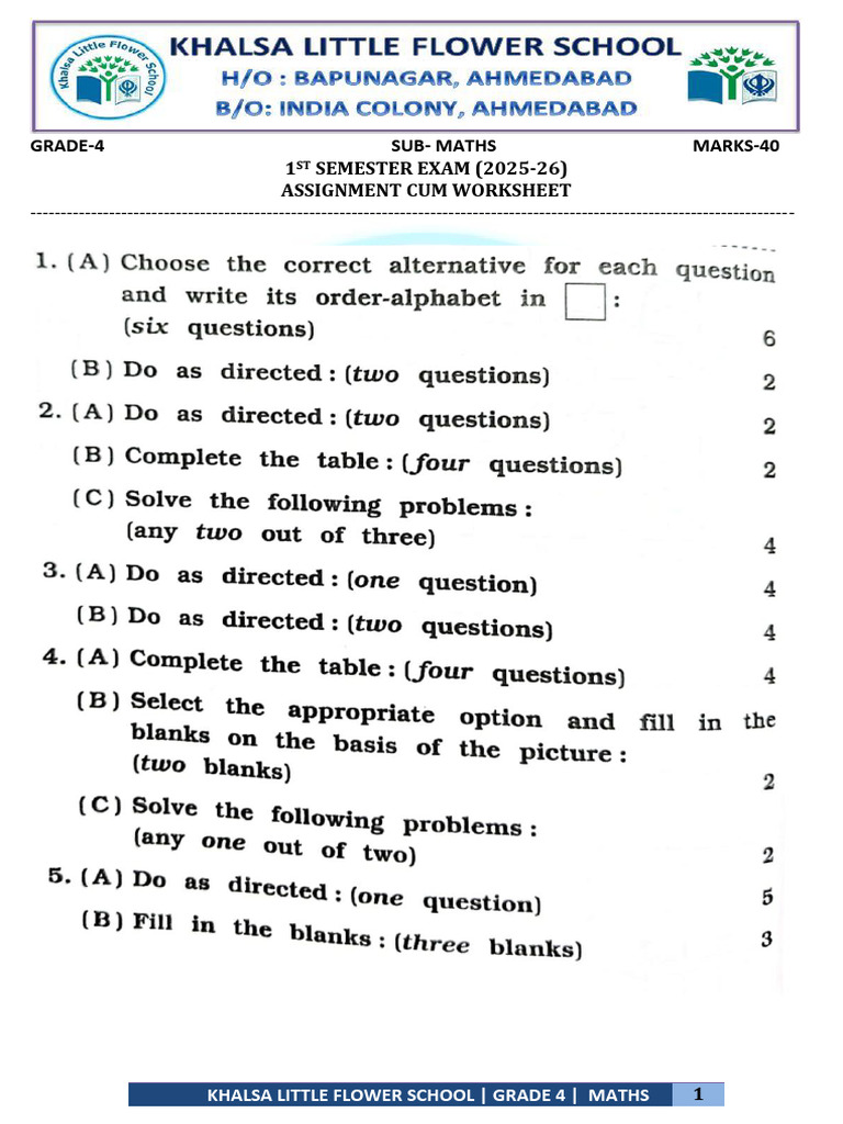 Grade 4 Maths Worksheet 2025-26 | PDF