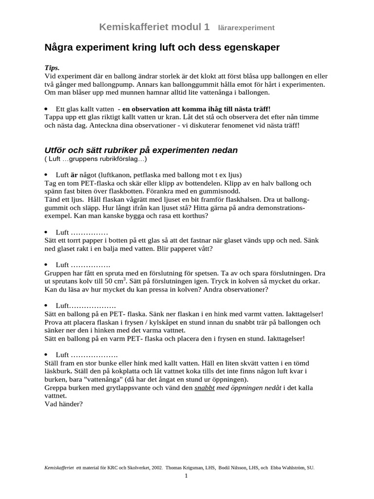 Modul 1 1några Experiment Kring Luft Och Dess Egenskaper | PDF