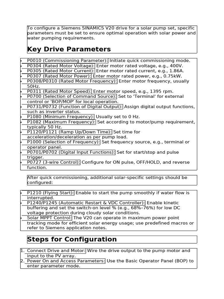Configure Siemens V20 for Solar Pumps | PDF | Parameter (Computer ...
