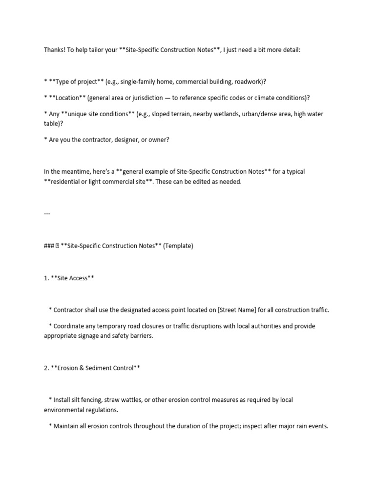 Site-Specific Construction Notes Template | PDF | Storm Drain | Earth ...