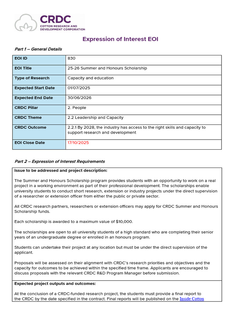 CRDC Summer & Honours Scholarship EOI | PDF | Business
