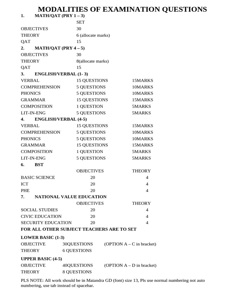 Modalities of Examination Questions - 024311 | PDF