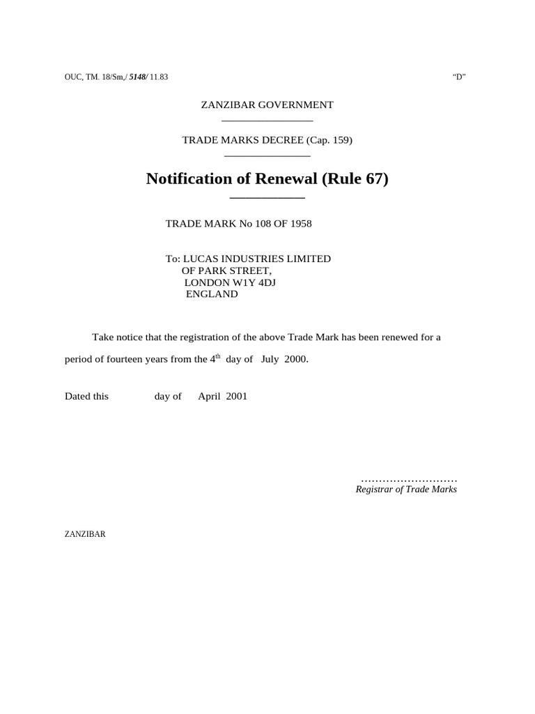 Zanzibar Trade Mark Renewal Notice | PDF