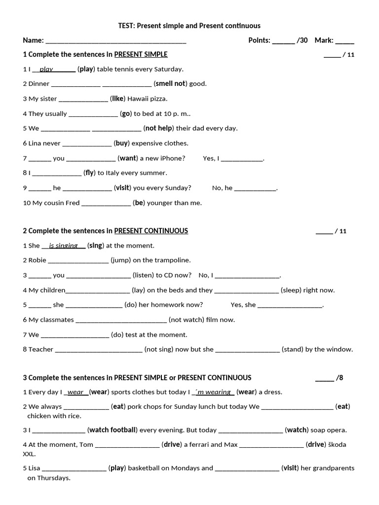 Test - Present Simple and Present Continuous | PDF