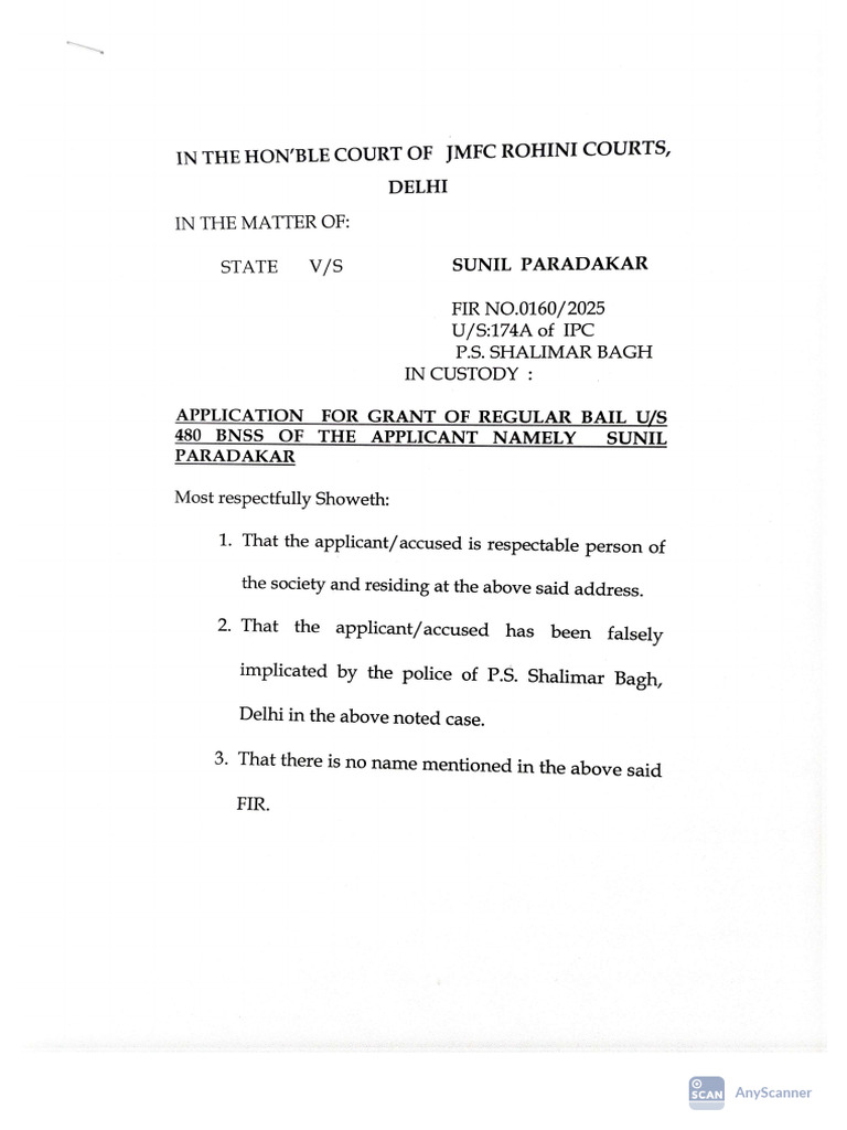 Bail (Regular) Under Section 480 BNSS State Vs Sunil Paradakar | PDF
