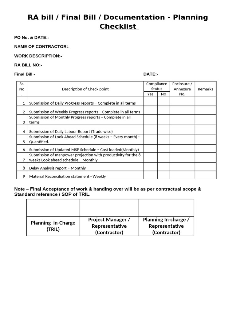 RA Bill Planning Checklist | PDF