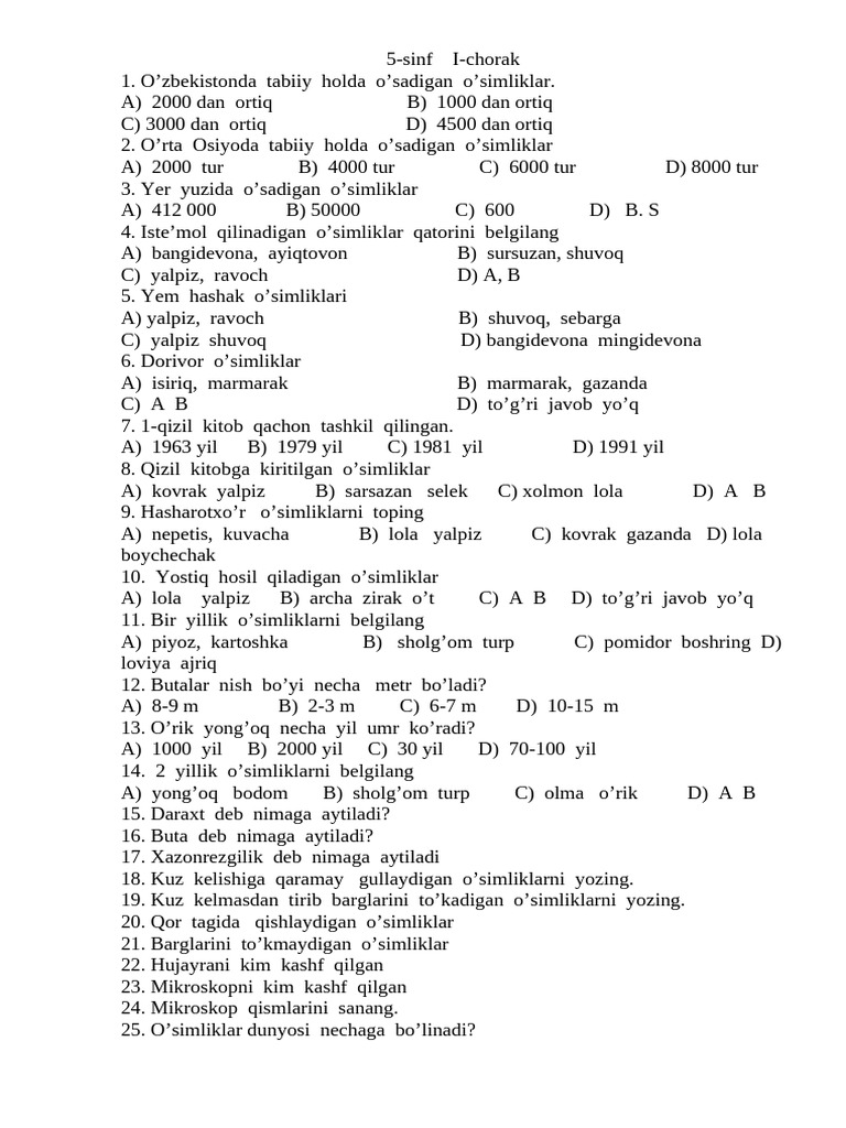 botanika 5 sinf test online
