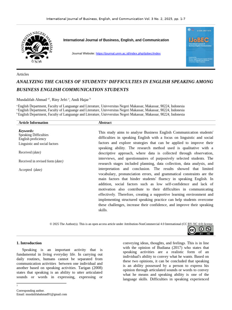 Analyzing The Causes of Students' Difficulties in English Speaking ...