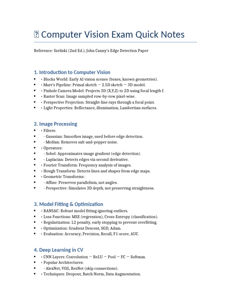Computer Vision Exam Study Guide | PDF | Imaging | Computer Vision