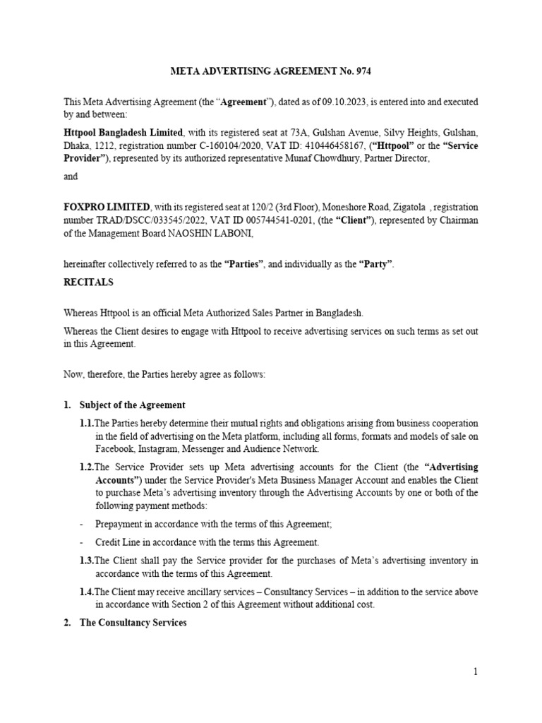 Meta Advertising Agreement Overview | PDF | Indemnity | Trademark