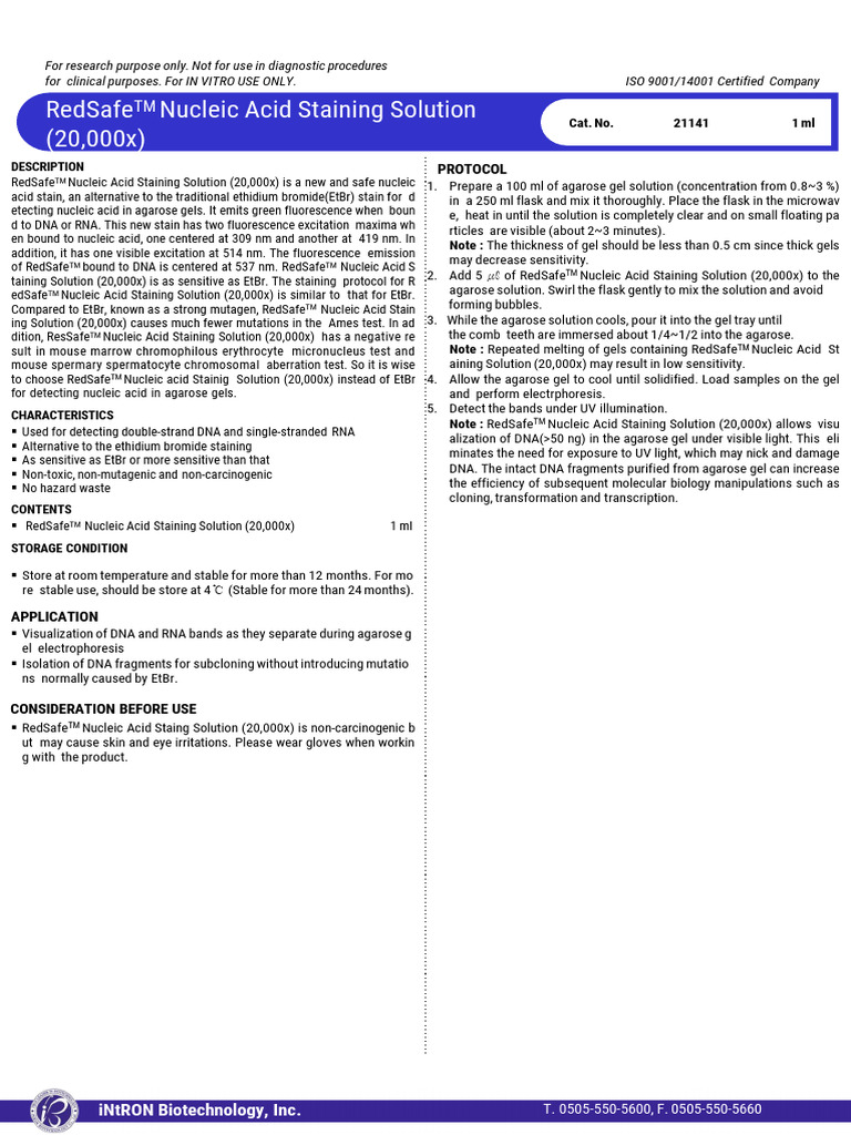 RedSafe Nucleic Acid Staining Protocol | PDF | Agarose Gel ...
