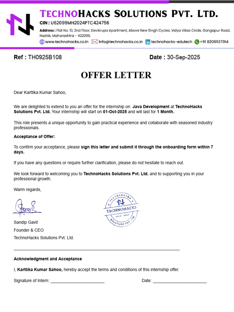 Java Development Internship Offer Letter | PDF