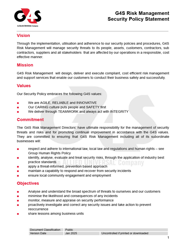 G4S Risk Management Security Policy | PDF | Risk Management | Risk